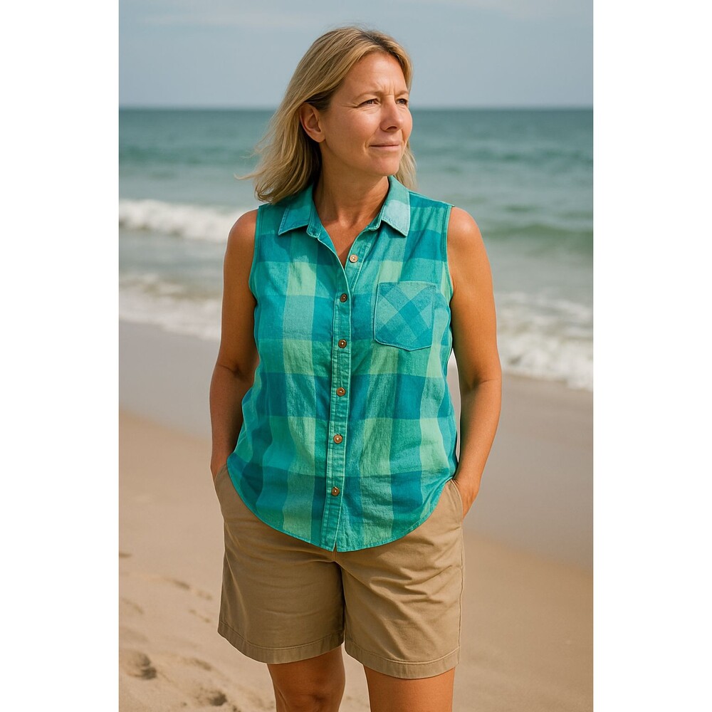 Time and Tru Women's XL Blue Green Sleeveless Button Up Plaid Shirt Linen